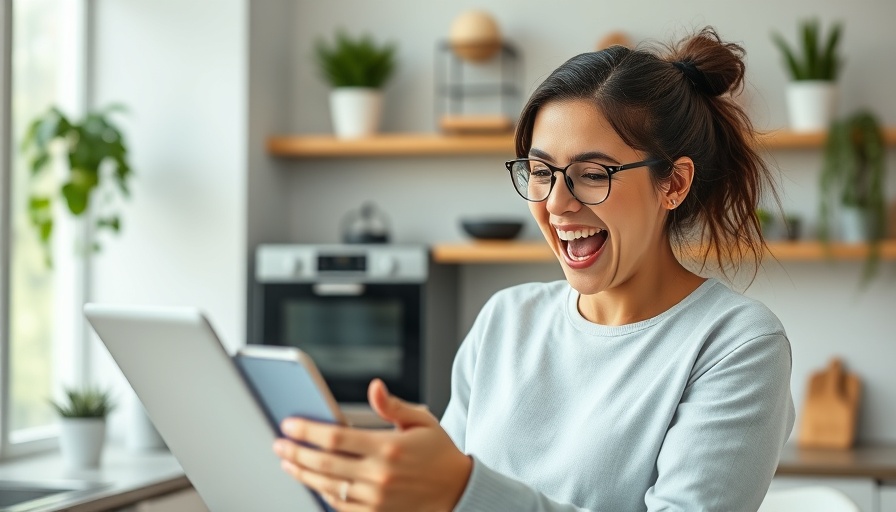 Joyful woman celebrates lottery online in modern kitchen.