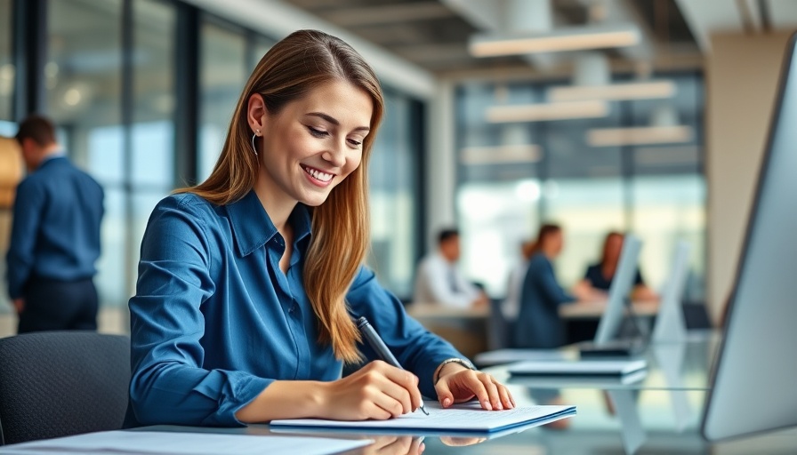 Professional woman writing at desk in modern office for optimal timing for customer offers.