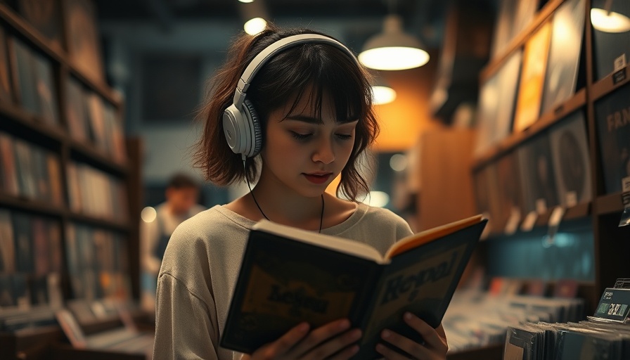Woman with headphones browsing vinyl records in a vintage retail store.