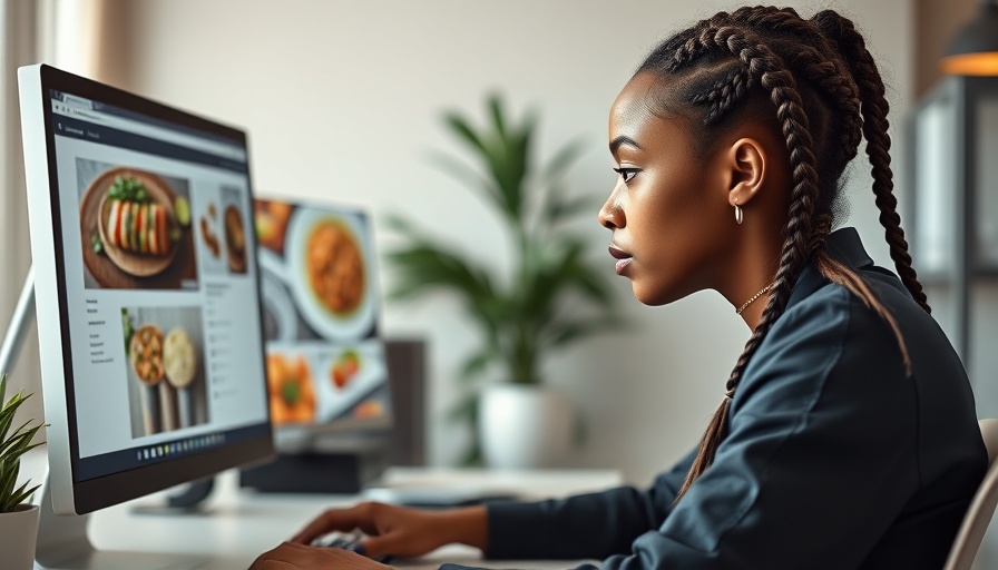 Focused young woman working on food photography on computer