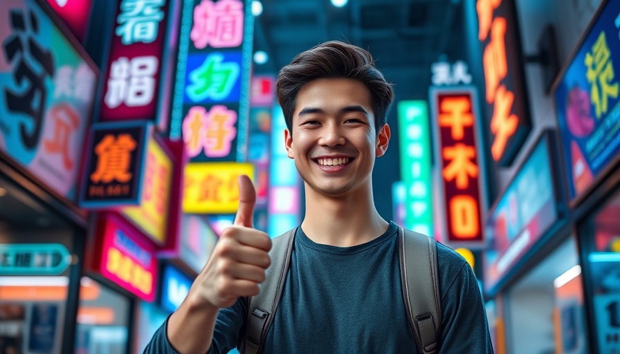 Smiling young man in digital neon environment, thumbs up for Google's MUM and the Future of SEO.