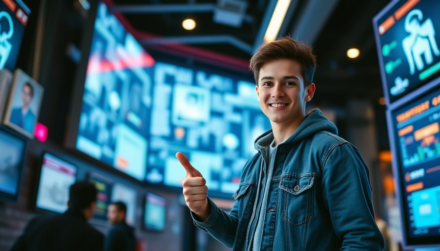 Young man giving thumbs up in a tech-themed setting, showcasing Google MUM SEO.