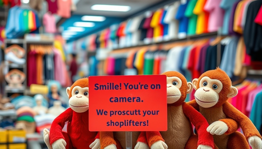 Security sign in store with colorful toys, emphasizing shoplifting prevention.
