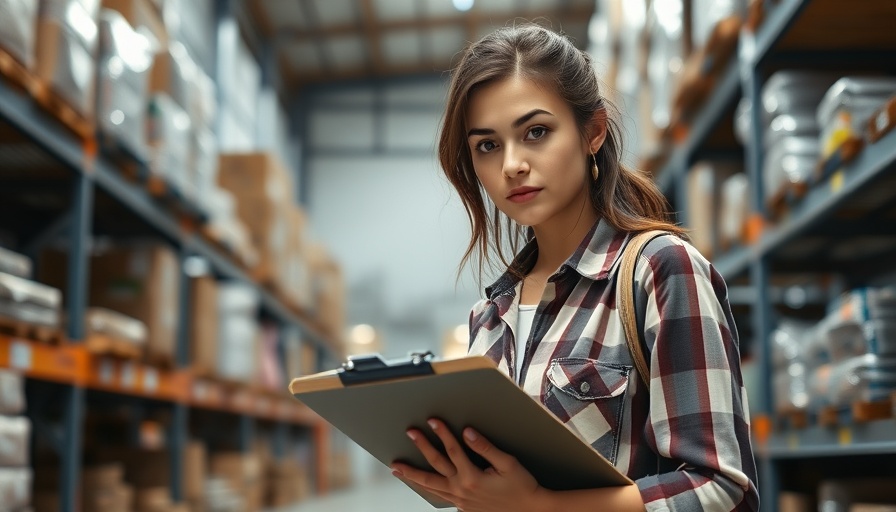 Woman pondering warehouse orders, related to most returned items, in a storage room.