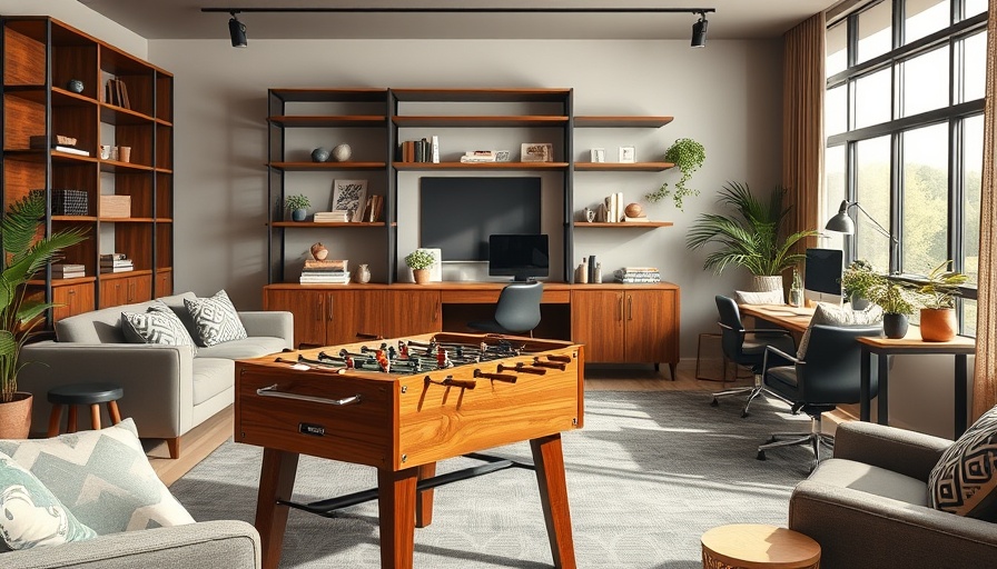 Modern man cave office design with foosball table and desk.