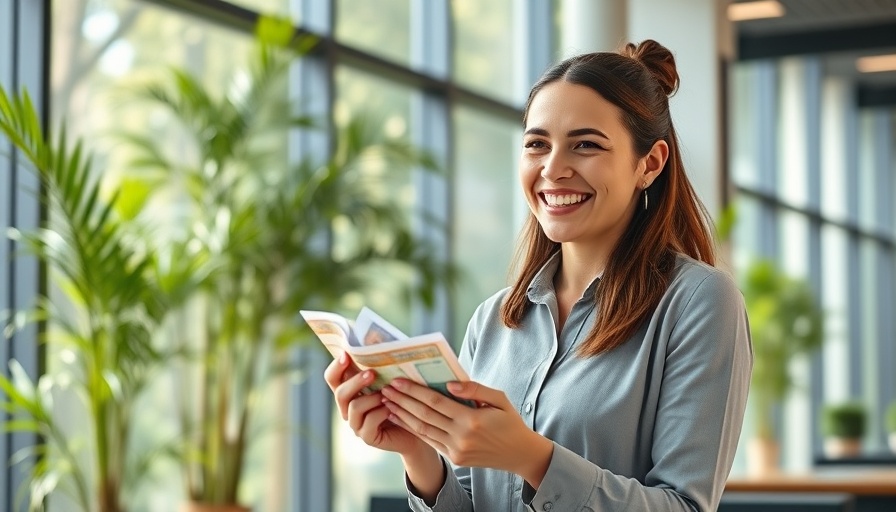 Cheerful businesswoman counting money, symbolizing employee pay raises.