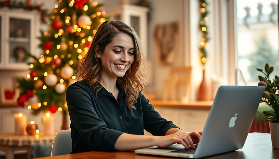 Woman working at laptop with holiday decor, Christmas tree in background.