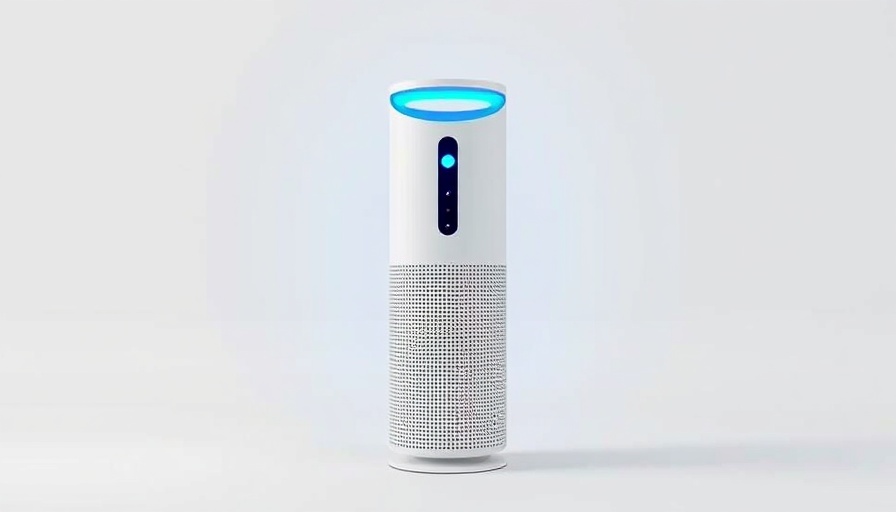 Sleek modern Airmega 50 air purifier with blue glowing top.