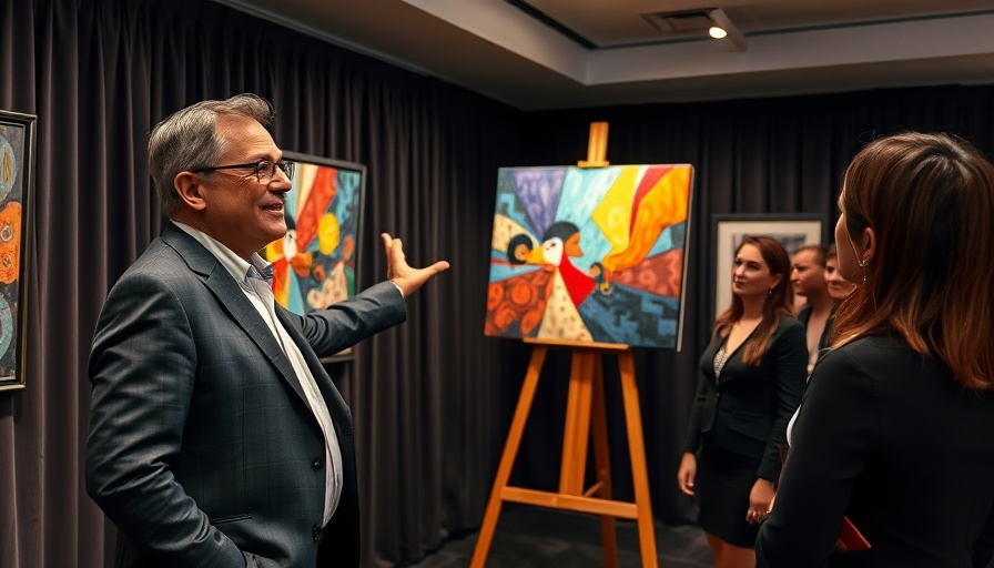 Art presentation with painting and audience at gallery