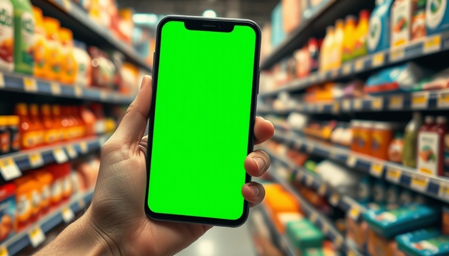 Smartphone with green screen in a retail aisle for Salesfloor app concept.