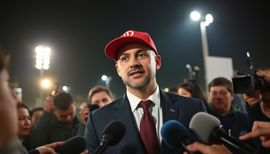 Male figure in red cap speaks to media about 'Trump new tariffs' at night.