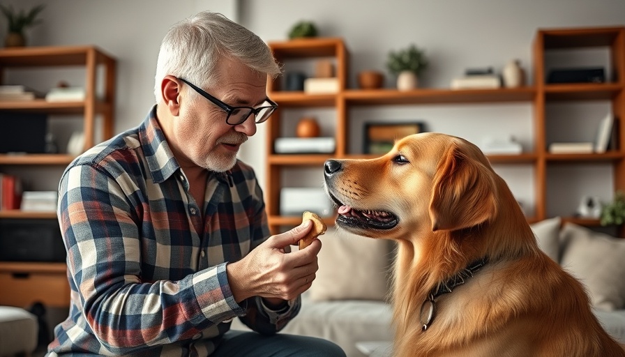 Man starting a dog treat business by feeding golden retriever.