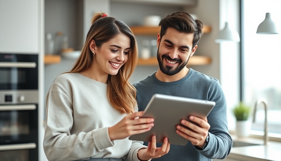 Smiling couple with tablet in modern kitchen for effective computer ads.