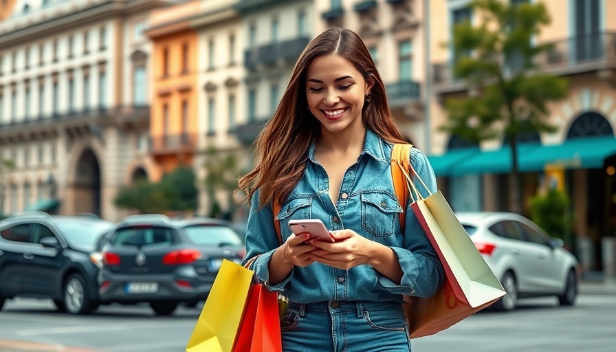 Young woman shopping and texting, vibrant city background.