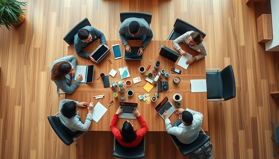 Professionals collaborating at wooden table, starting a new business successfully.