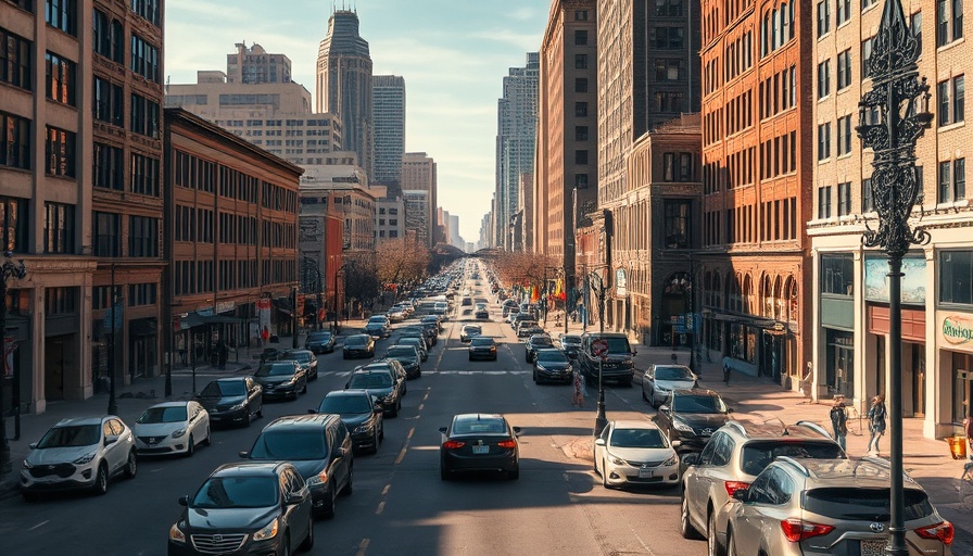 Detroit cityscape showcasing urban skyline and traffic, highlighting immigrant integration.
