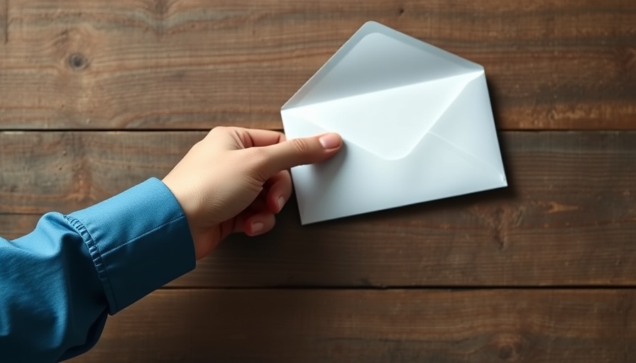 Hand pointing at empty envelope on rustic wooden background, Paying it Forward in Business.