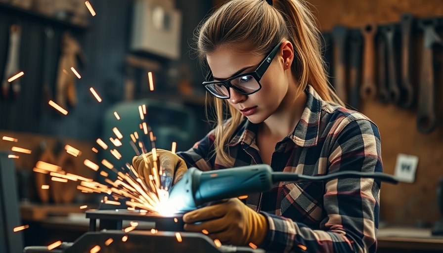 Focused female welder using angle grinder on metal, sparks flying.