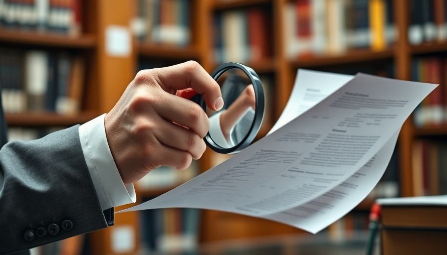 Attorney examining documents with magnifying glass, library setting.
