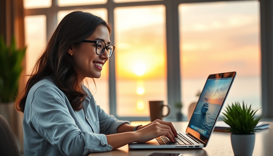 Digital marketing tools for travel advisors, woman using laptop for cruise planning.