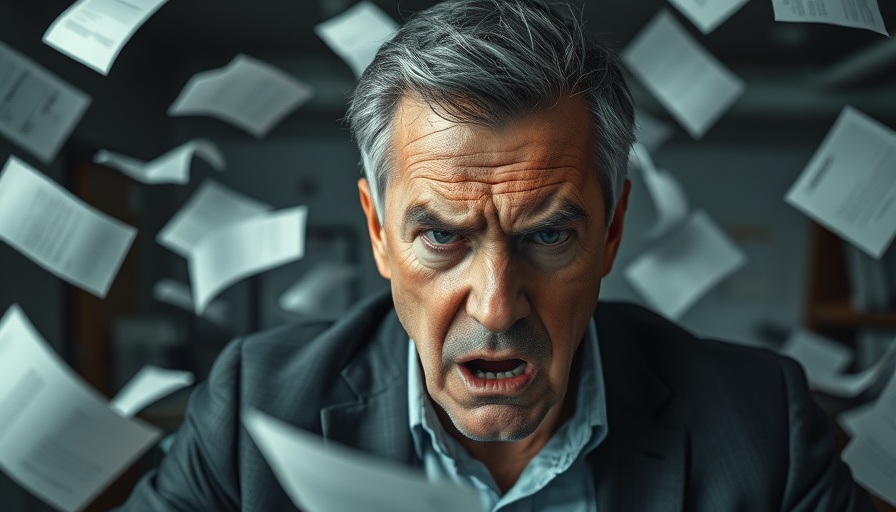Stressed man overwhelmed by paperwork, highlighting YMYL standards.