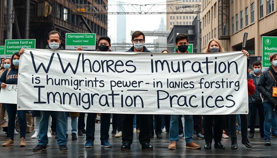 Protesters hold banner on ICE enforcement in urban setting.