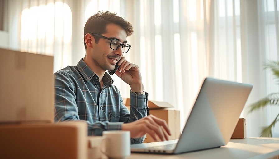 Small business owner at desk using laptop and phone with boxes.