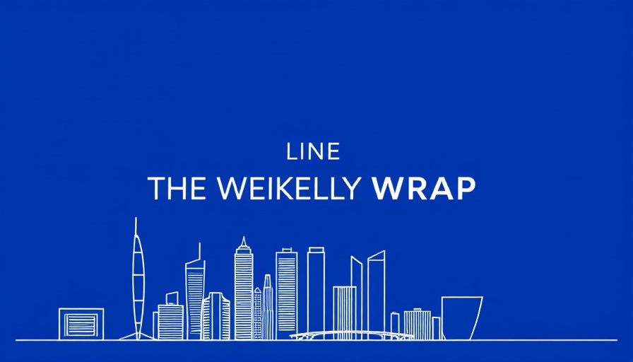 Minimalistic cityscape logo with text 'THE WEEKLY WRAP', blue background