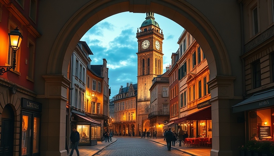 Evening view through archway of vibrant main street programs.