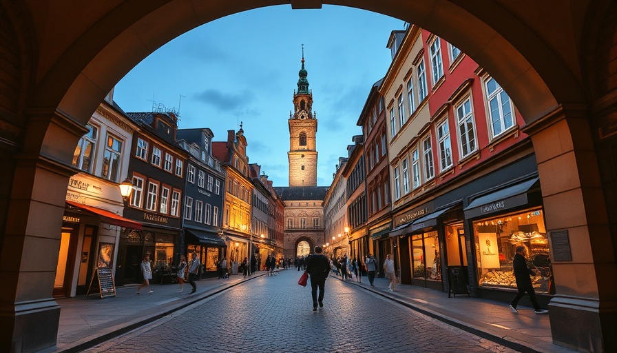 Main street programs: Charming European main street with archway and clock tower.