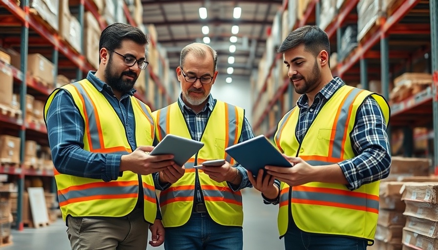 Warehouse workers using inventory control software in a modern setting.