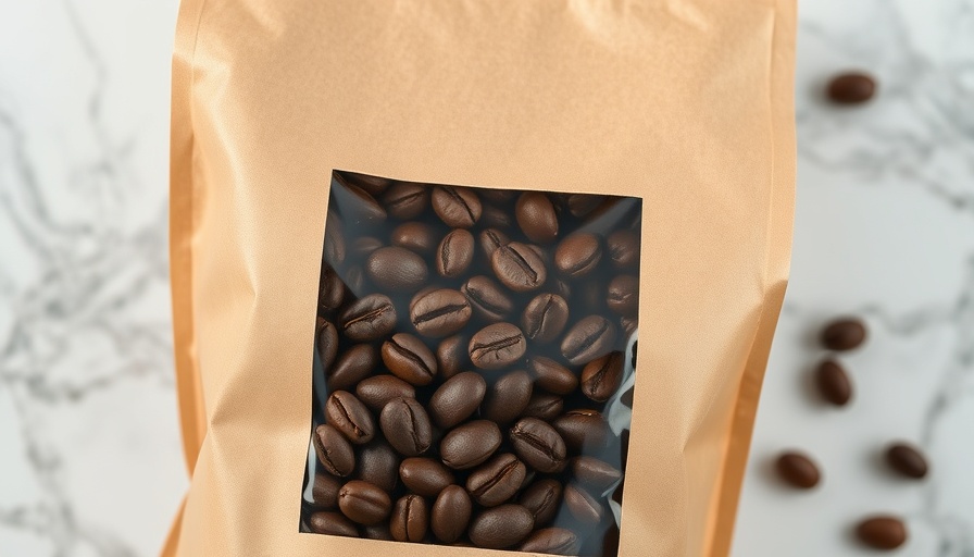 Transparent coffee bean bag showcasing dark roasted beans, illustrating transparency in retail.