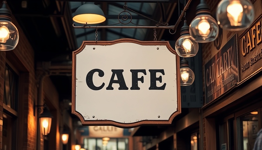 Outdoor cafe sign hanging in cozy alley with warm lighting