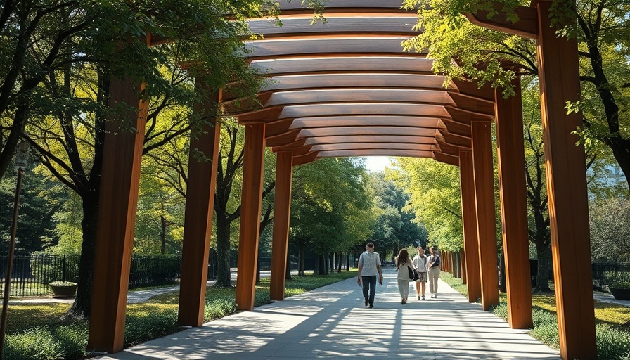 Modern wooden archway and people in an urban park, China Artificial Intelligence Development.