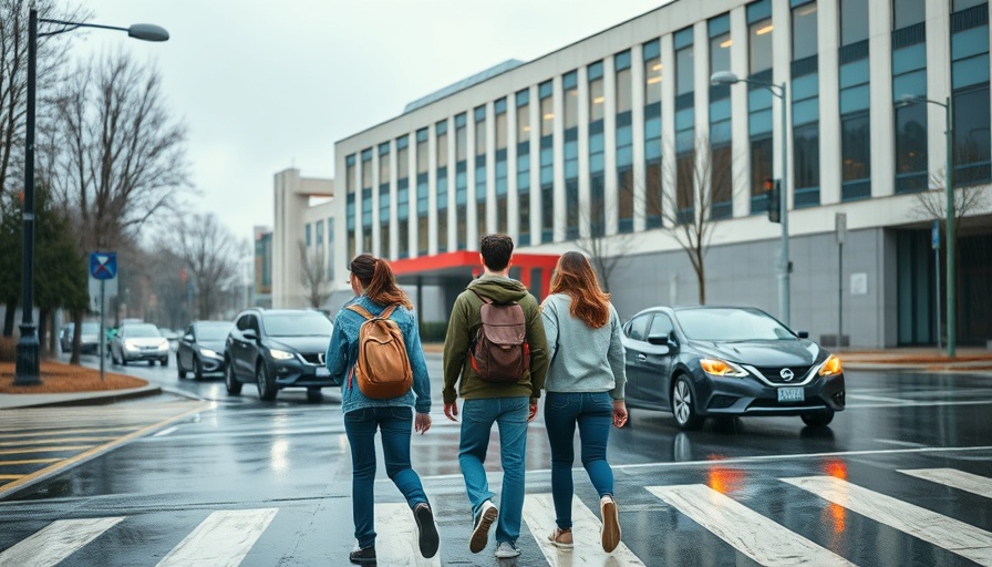 Detroit youth crossing street by high school on rainy day.