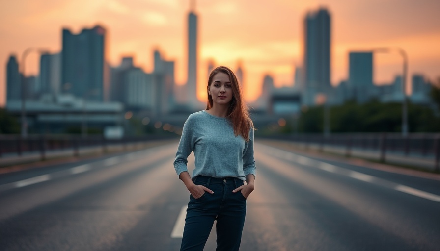 Young woman in Detroit street with city skyline, serene scene.