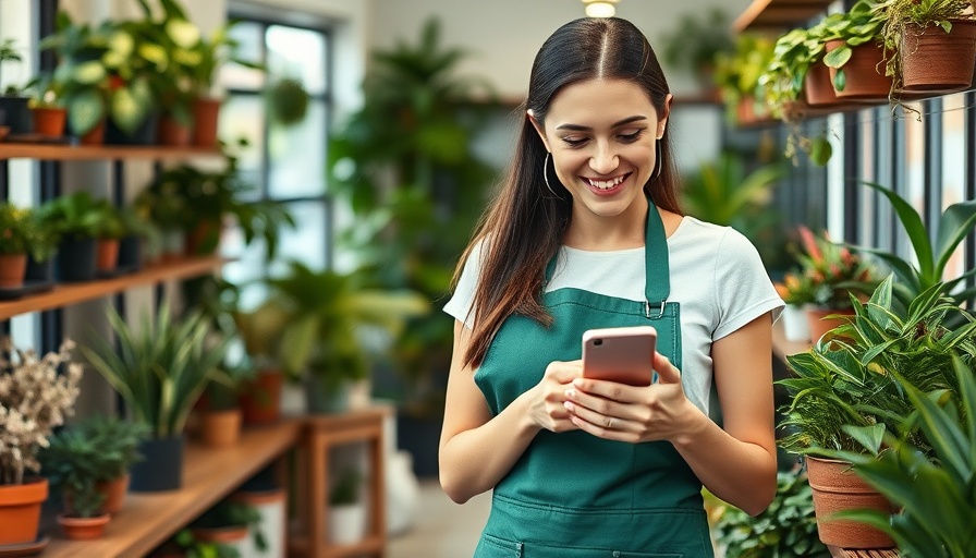 Creative Social Media Ideas for Small Business Success: Woman using phone in a plant shop.