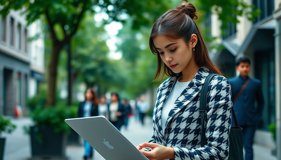 Young businesswoman downtown, associated with Facebook Places for Local Business Visibility.
