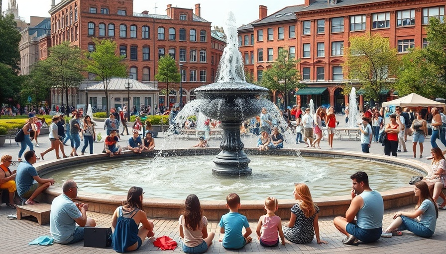 Public park with people enjoying a fountain, showcasing community diversity.