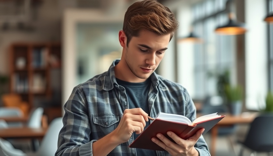 Young man writing notes for hours management tips in a notebook.