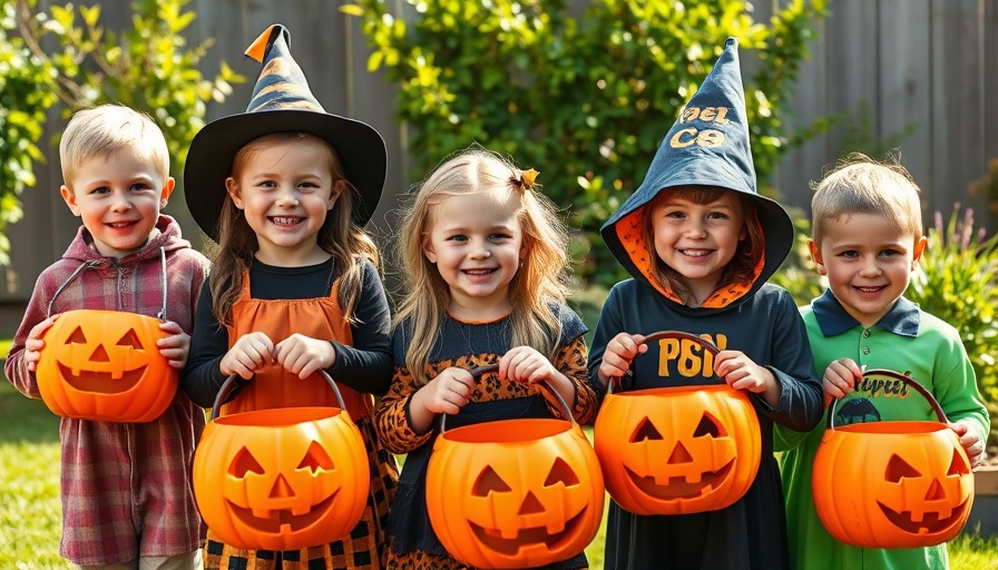 Children in Halloween costumes holding pumpkin buckets.