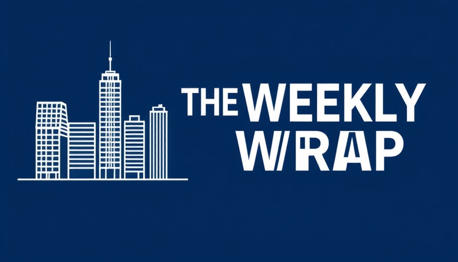 Minimalist weekly wrap graphic with building icons on blue.