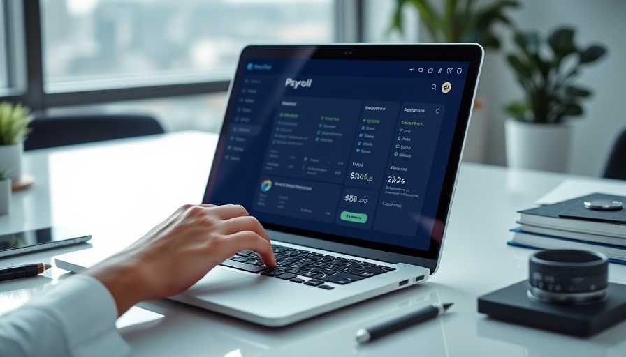 Laptop displaying payroll software interface in modern office 2025