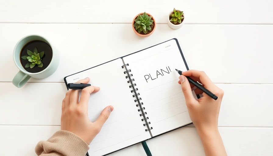 Hand writing in planner next to coffee; setting goals for growth.