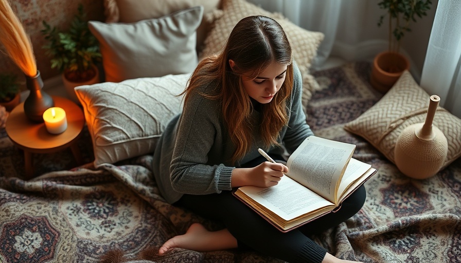 Relaxed female writing goals for personal growth in a serene setting