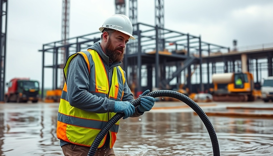 Construction worker managing water on site, related to good cause eviction policies.