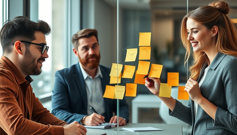 Professionals analyzing business strategies with sticky notes in an office.