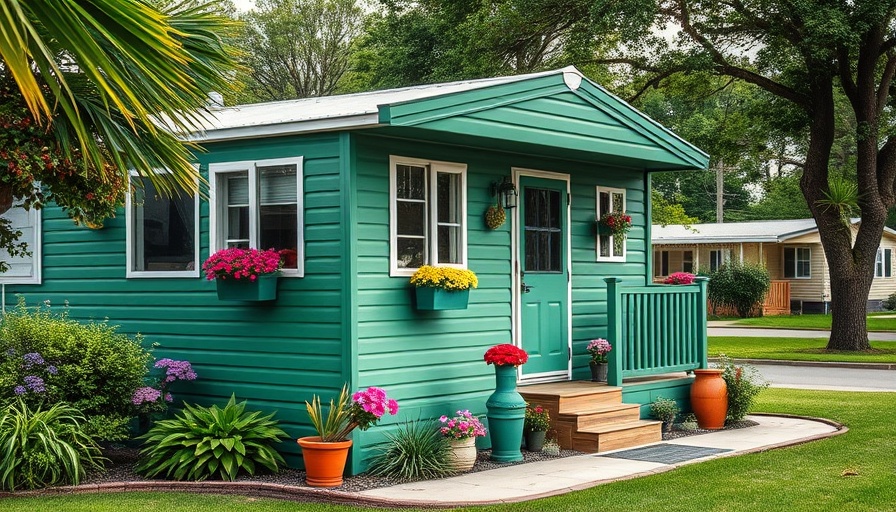 Green mobile home in park with flower pots and overcast sky.