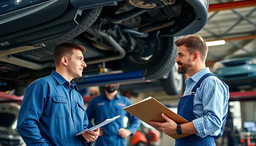 Mechanics discussing vehicle maintenance in a garage setting, ideal for 'starting a fleet maintenance business' context.