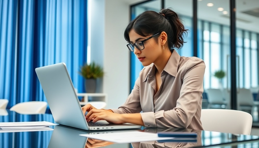 Professional woman using laptop in office setting for startup name generator tool.